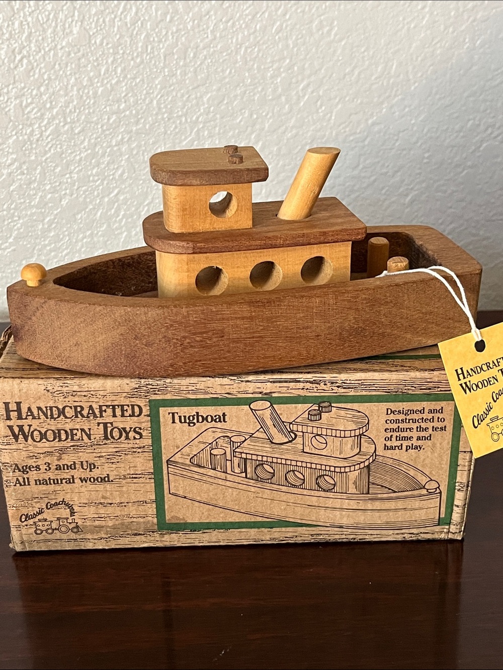 NWT Handcrafted Wooden Tugboat - Natural Wood Kids Toy